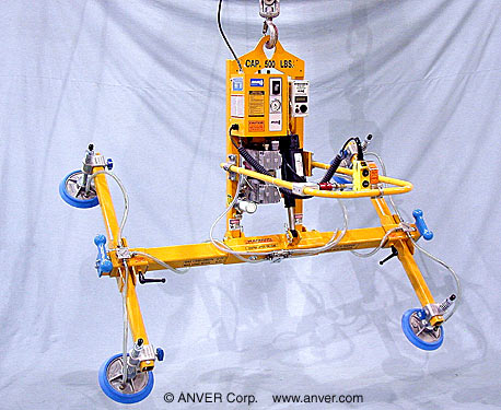 ANVER Four Pad Electric Powered Vacuum Lifter with Powered Tilt and Custom Pad Suspensions for Lifting & Tilting Glass Panels 10 ft x 6 ft (3.0 m x 1.8 m) up to 500 lb (227 kg)